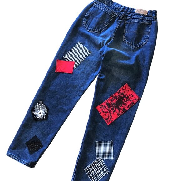 Patchwork Jeans for Women, Size 6: Upcycled New York Theme Sequined Denim Pants - Picture 3 of 11